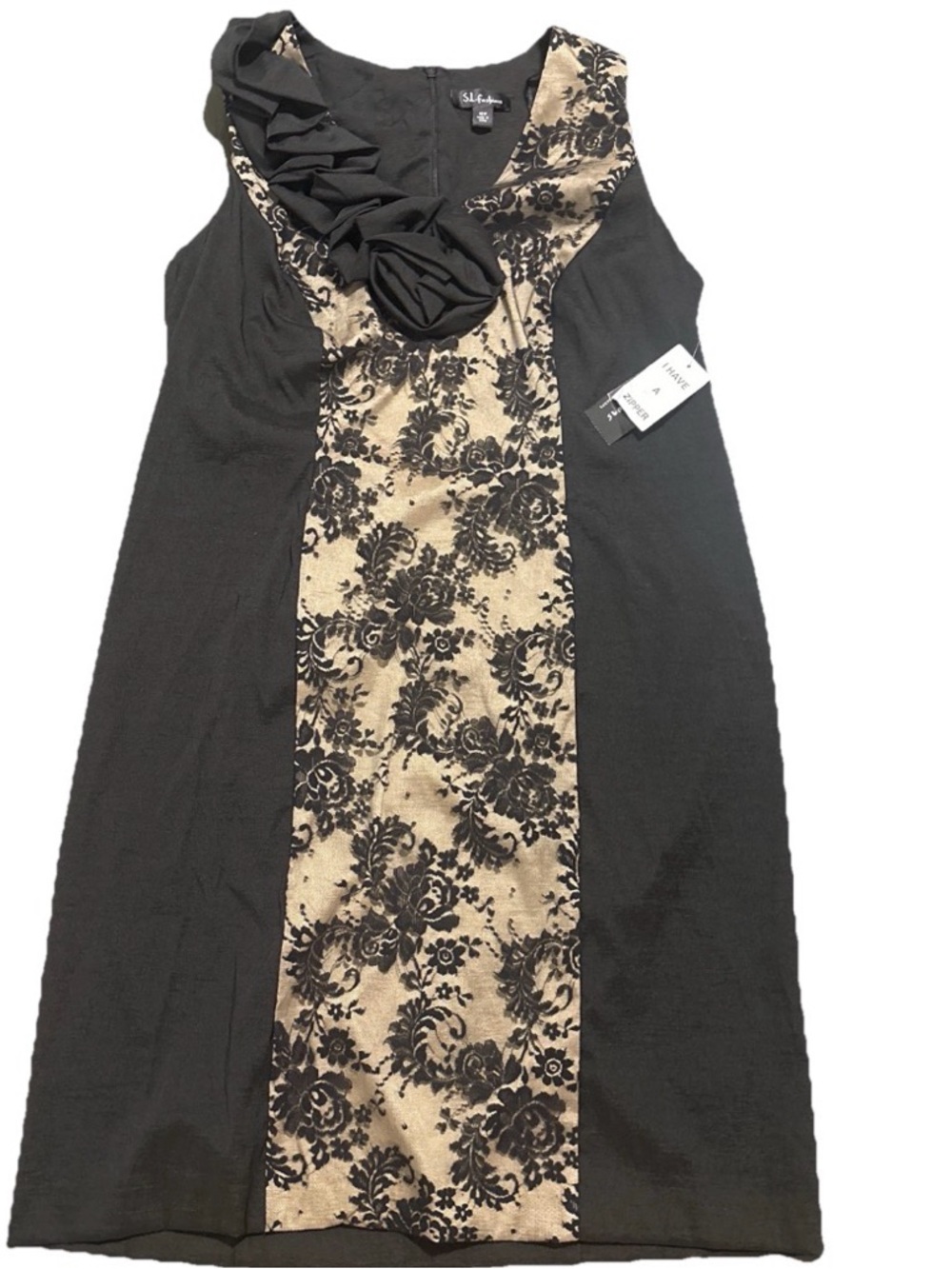 S.L. Fashions Black and Gold Lace-Overlay Dress with Ruffle Detail
